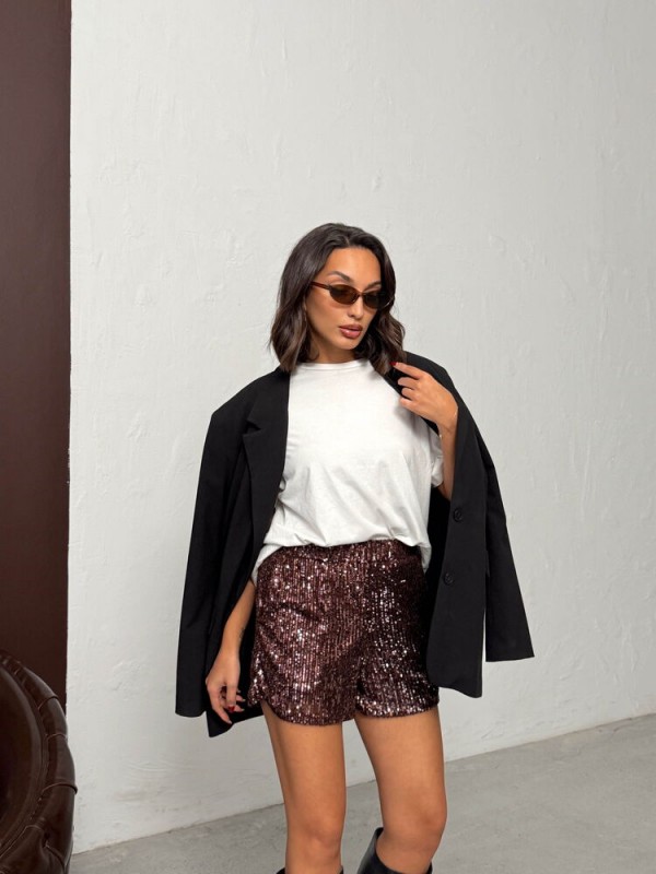 Topshow Taş  Pullu Toptan Abiye Şort - Koyu Kahve